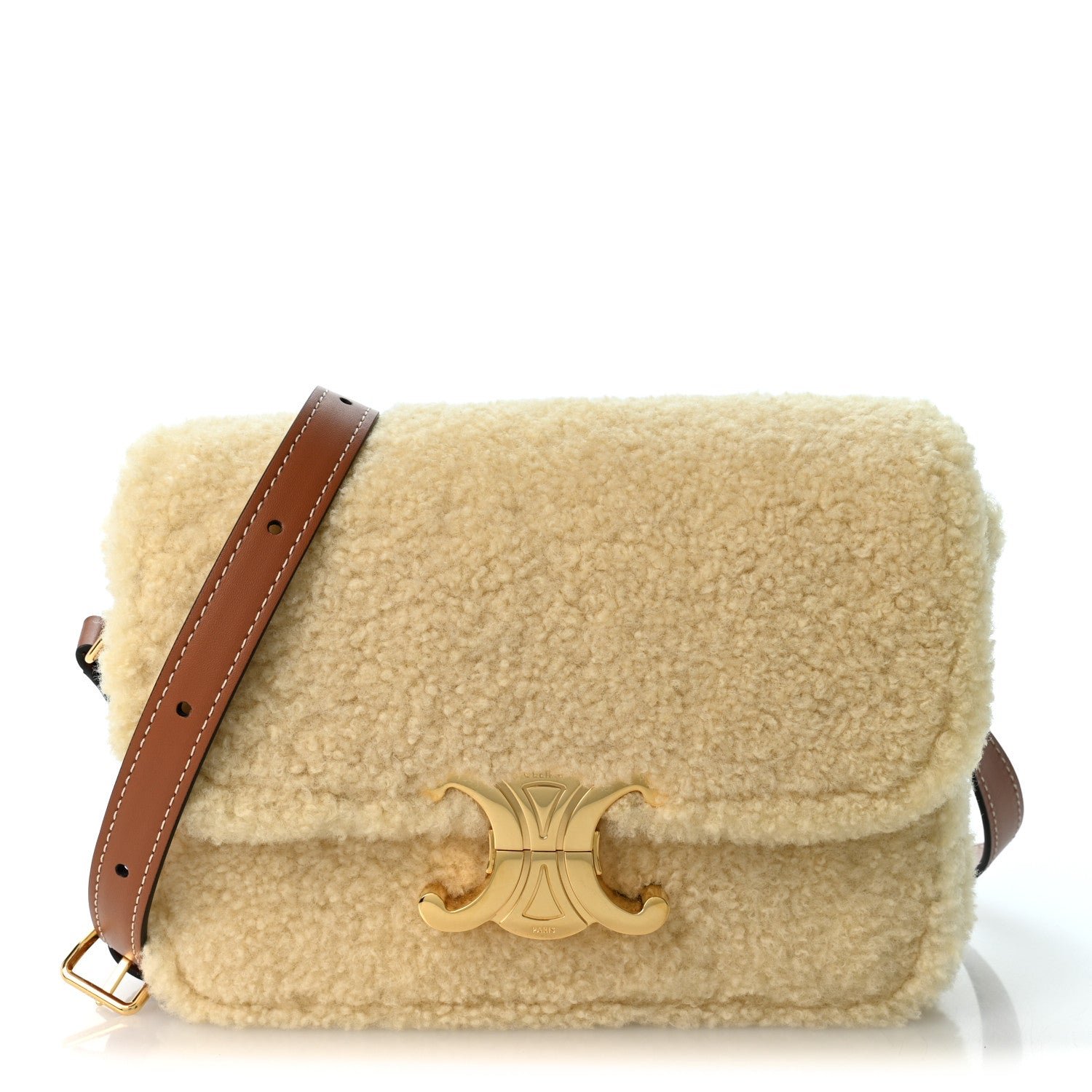 Celine Calfskin Triomphe Shearling Bag Natural Tan