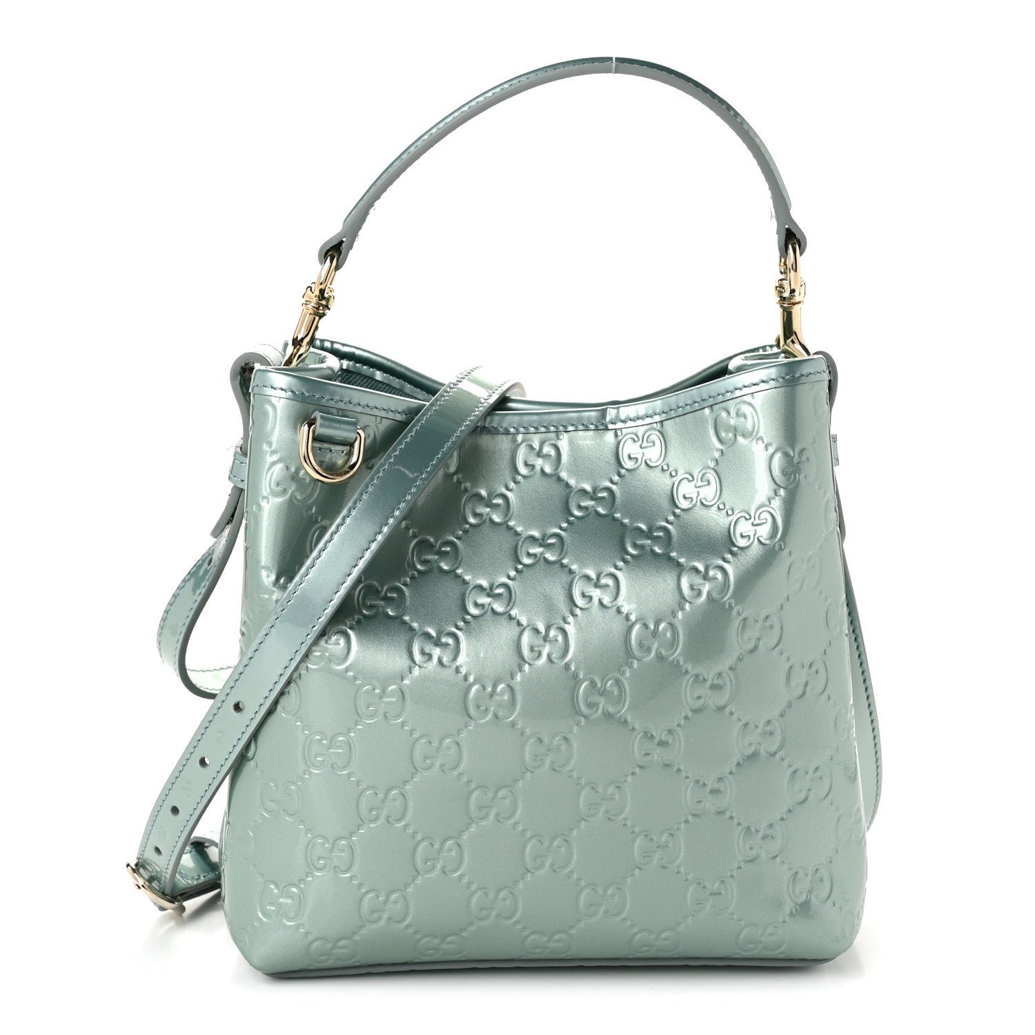 Gucci Patent GG Emblem Small Bucket Bag Light Blue