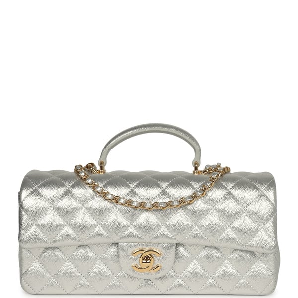 Chanel Classic Top Handle Long Flap Bag Silver Metallic Caviar Gold Hardware