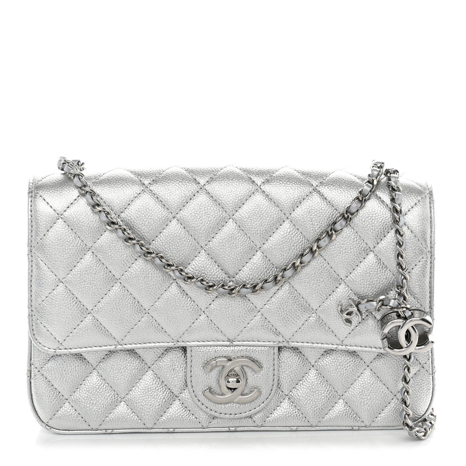 Chanel Metallic Caviar Quilted Medium CC Slide Flap Silver