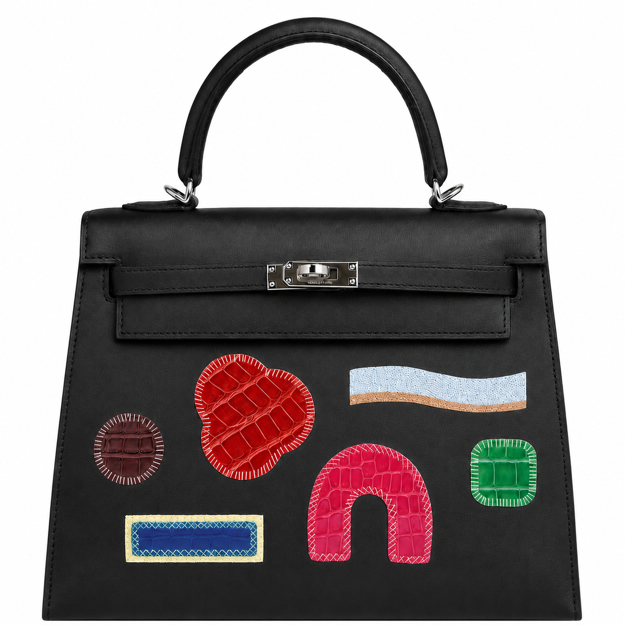 Hermes Hermès Kelly 25 Sellier Broderie Collage Noir Swift, Alligator & Crocodile Palladium Hardware