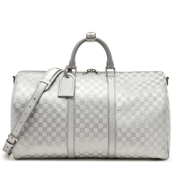 Louis Vuitton Virgil Abloh Silver Glitter Damier Leather Keepall 50 Bandoulière Silver Hardware, 2022