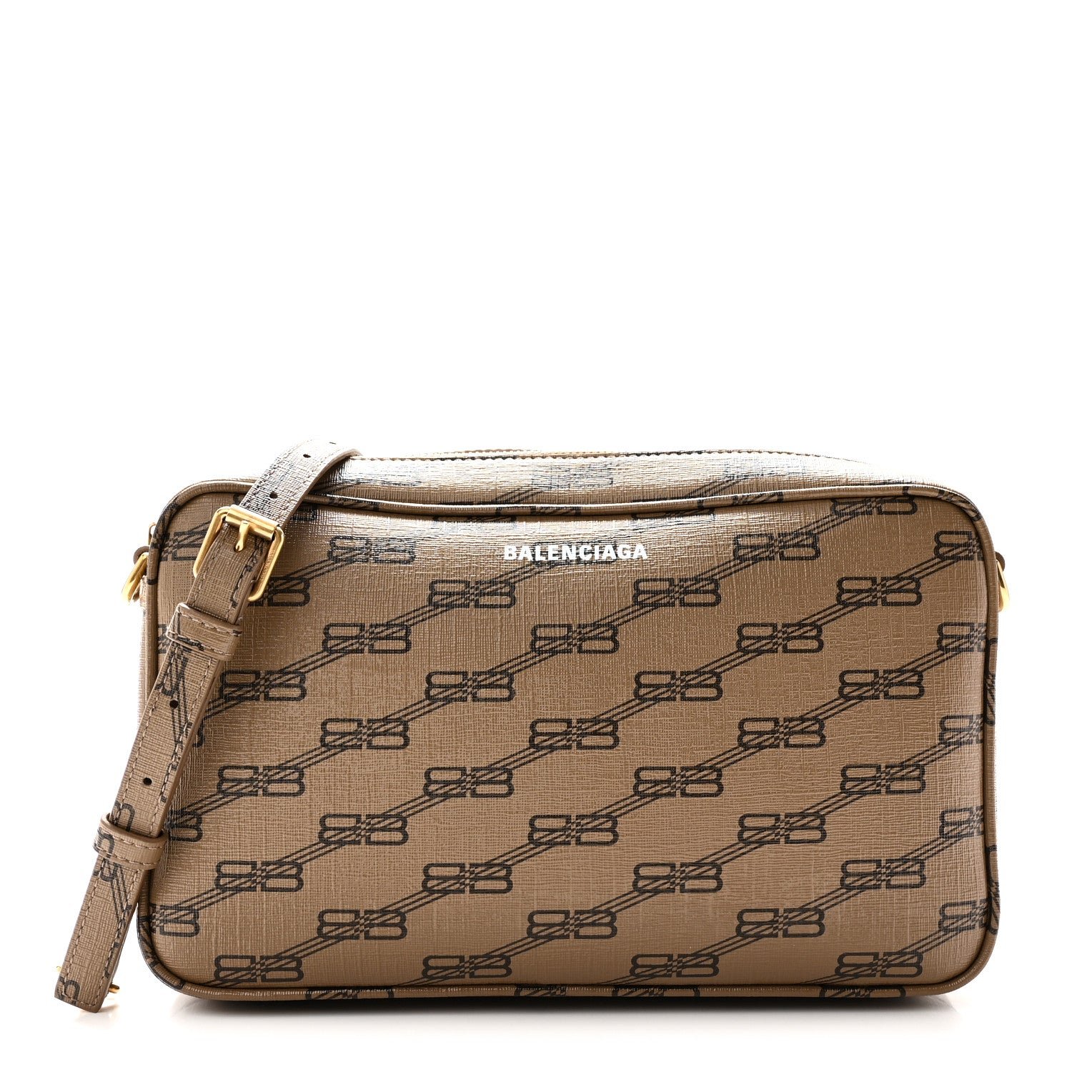 Balenciaga Coated Canvas BB Monogram Medium Signature Camera Bag Beige Brown