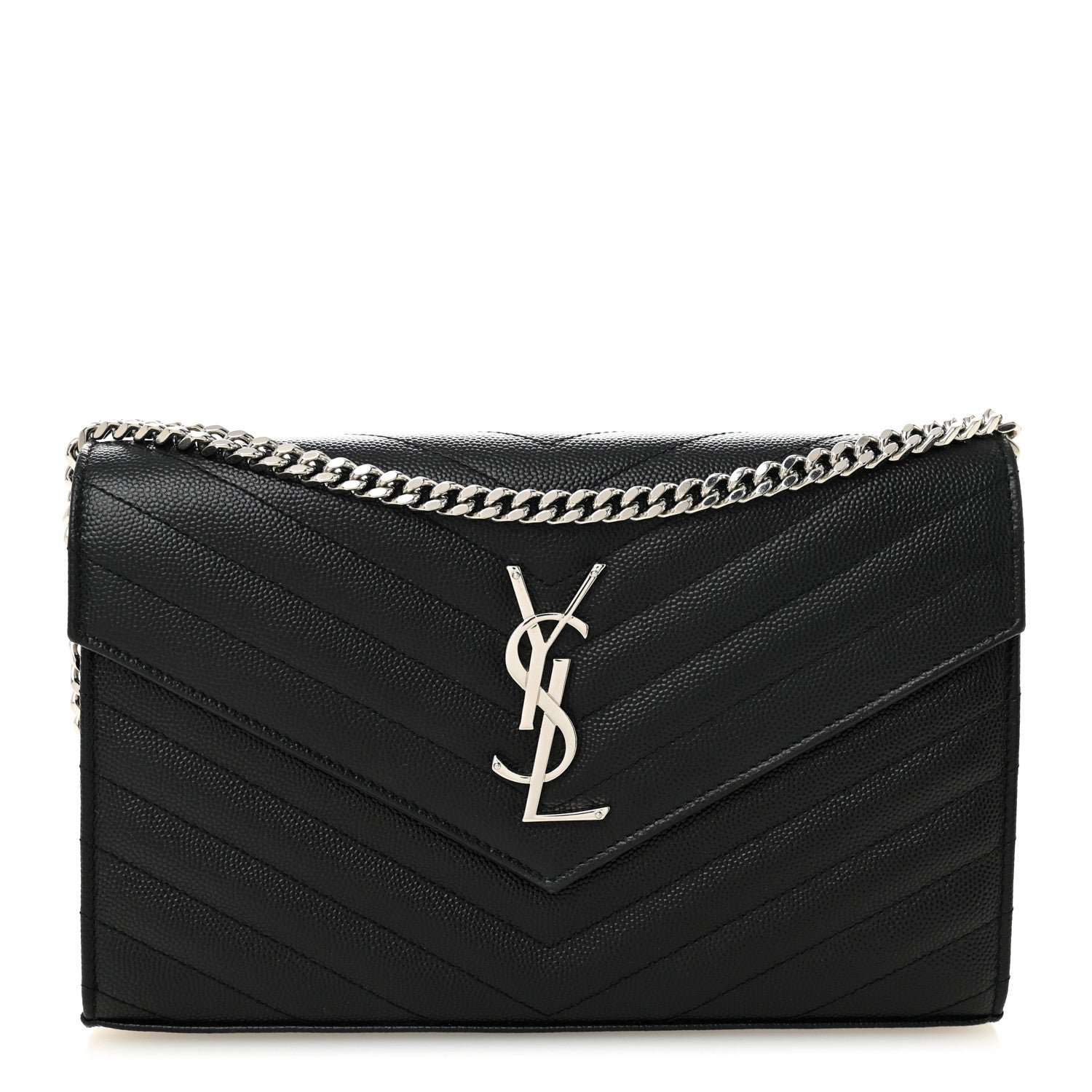 Saint Laurent Grain De Poudre Matelasse Chevron Monogram Chain Wallet Black