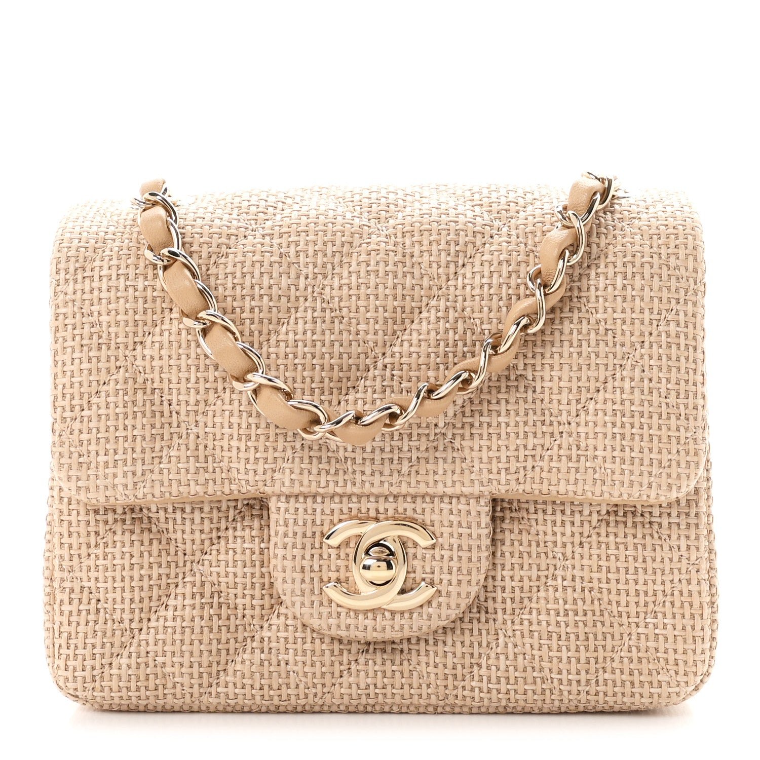 Chanel Braided Raffia Quilted Mini Square Flap Dark Beige