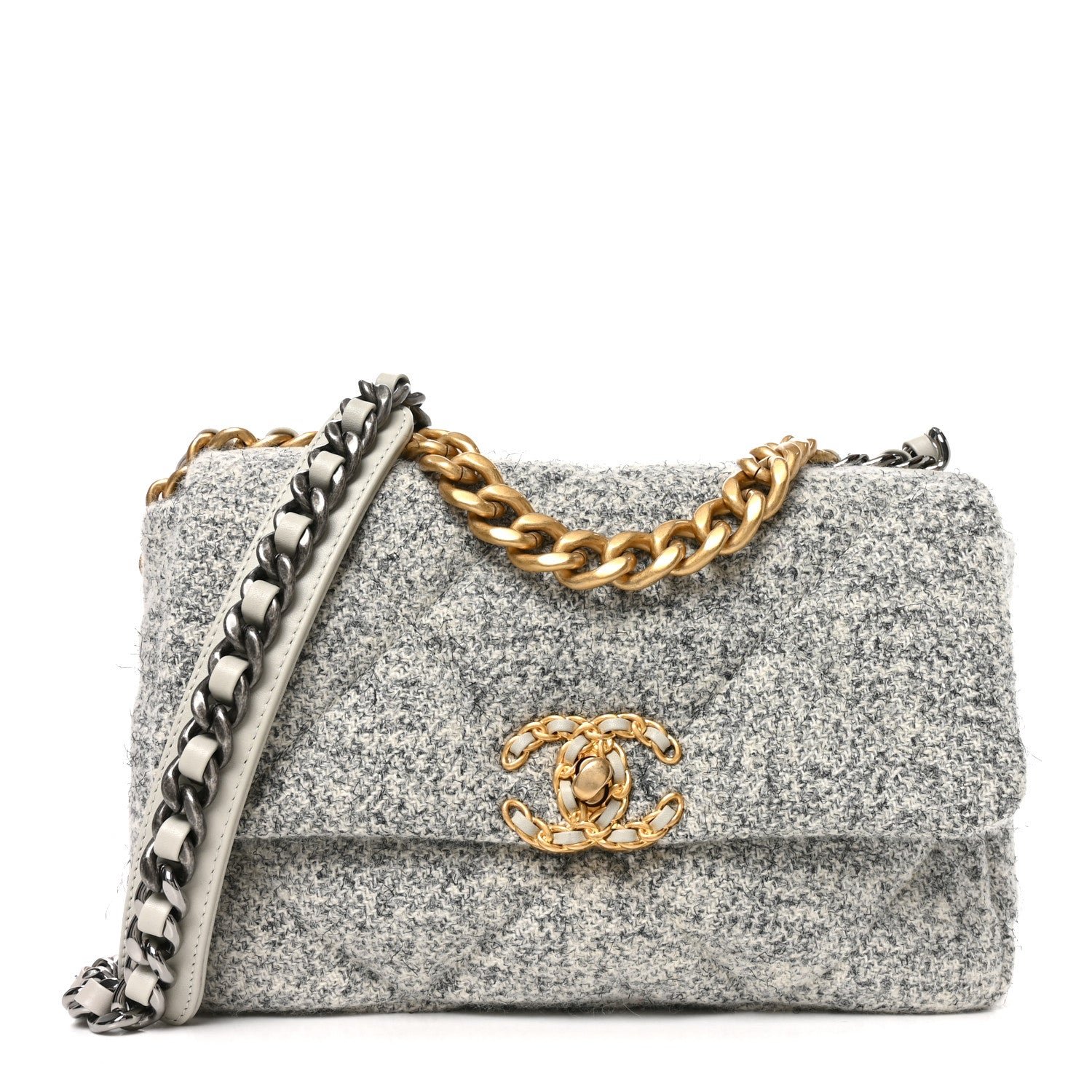 Chanel Tweed Quilted Medium Chanel 19 Flap Grey Ecru