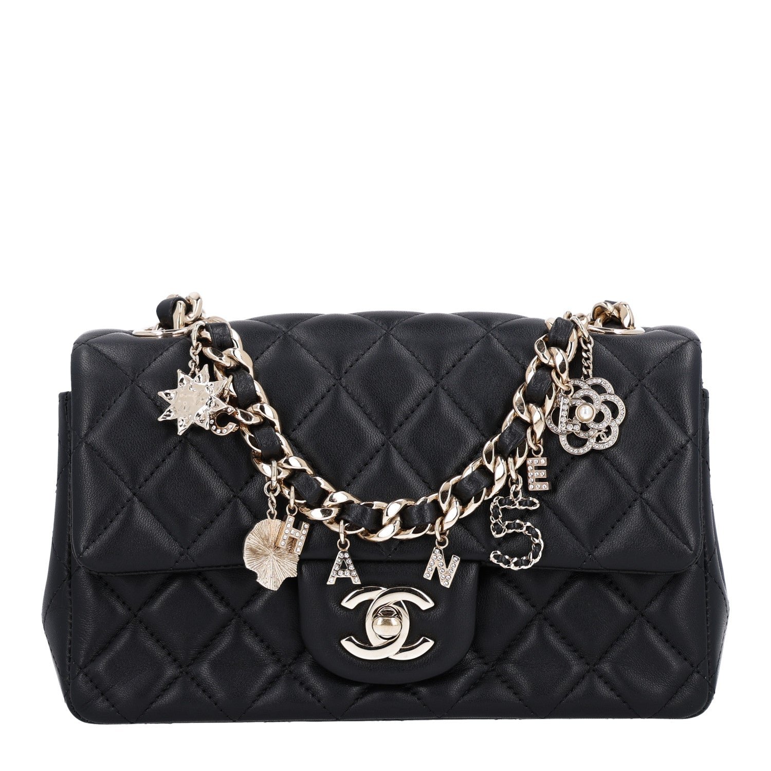 Chanel Lambskin Quilted Mini Coco Charms Rectangular Flap Black
