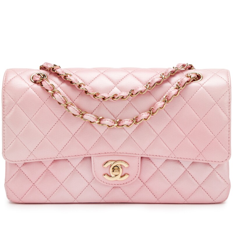 Cloudy Pearly Pink Iridescent Ombre Quilted Goatskin Medium Classic Double Flap Bag Light Gold Hardware, 2023