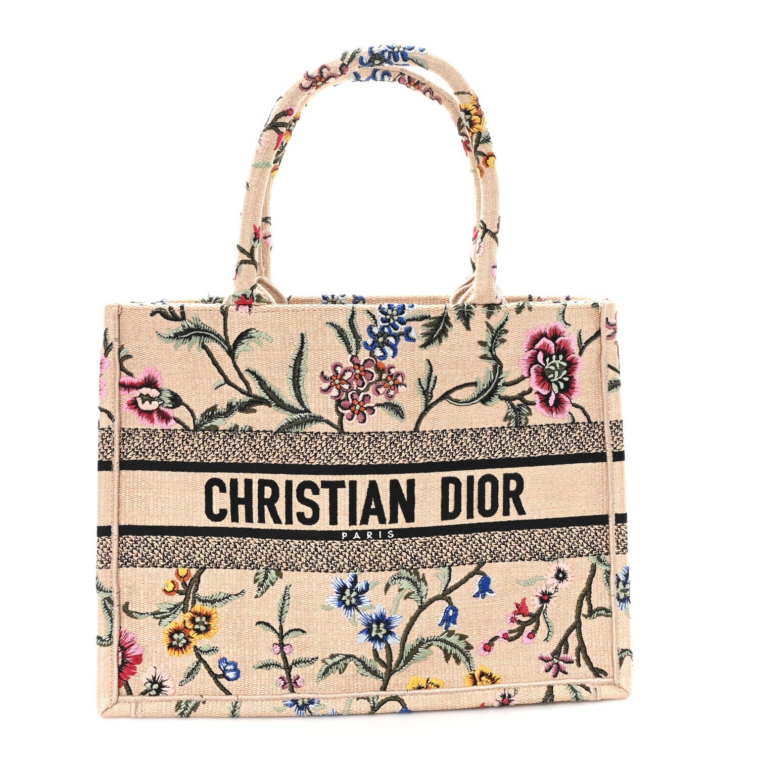 Christian Dior Raffia Embroidered Petites Fleurs Medium Book Tote Natural
