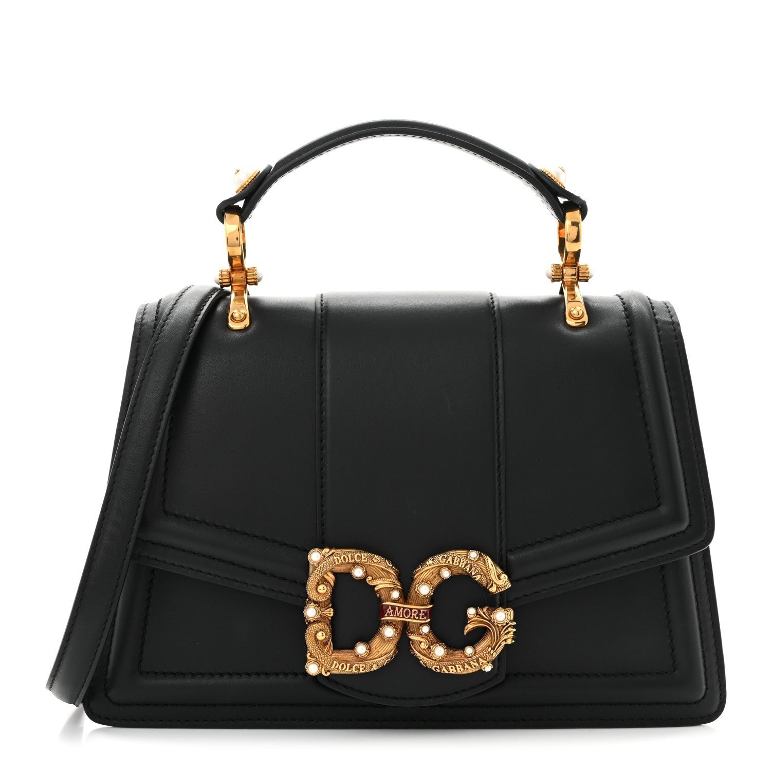 Dolce & Gabbana Smooth Calfskin Small DG Amore Top Handle Bag Black