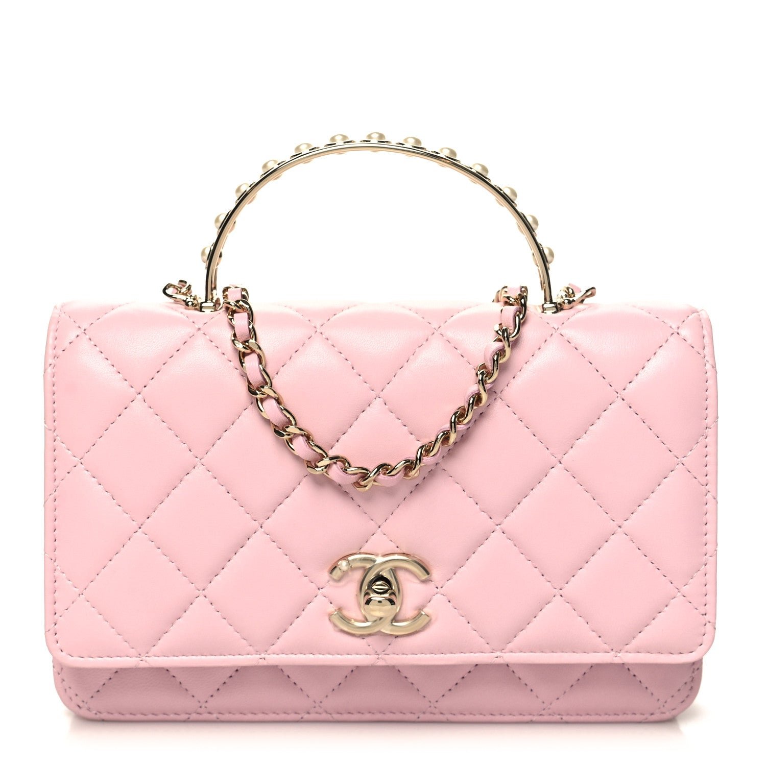 Chanel Lambskin Quilted Pearl Top Handle Wallet On Chain WOC Light Pink