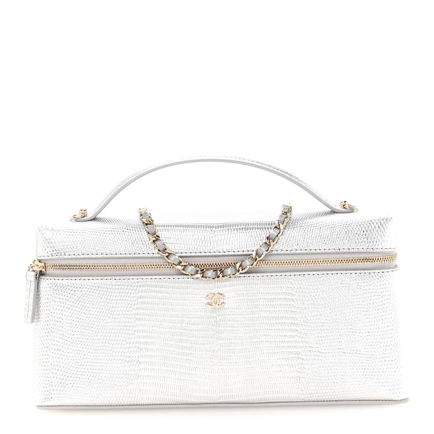 Chanel Lizard Embossed Calfskin Top Handle Slim Vanity With Chain Silvery