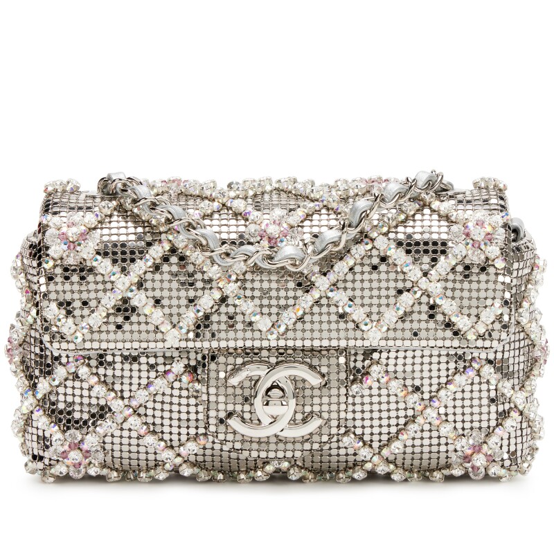 Silver Metal Mesh and Iridescent Crystal Strass Quilting CC Mini Flap Bag Silver Hardware, 2022