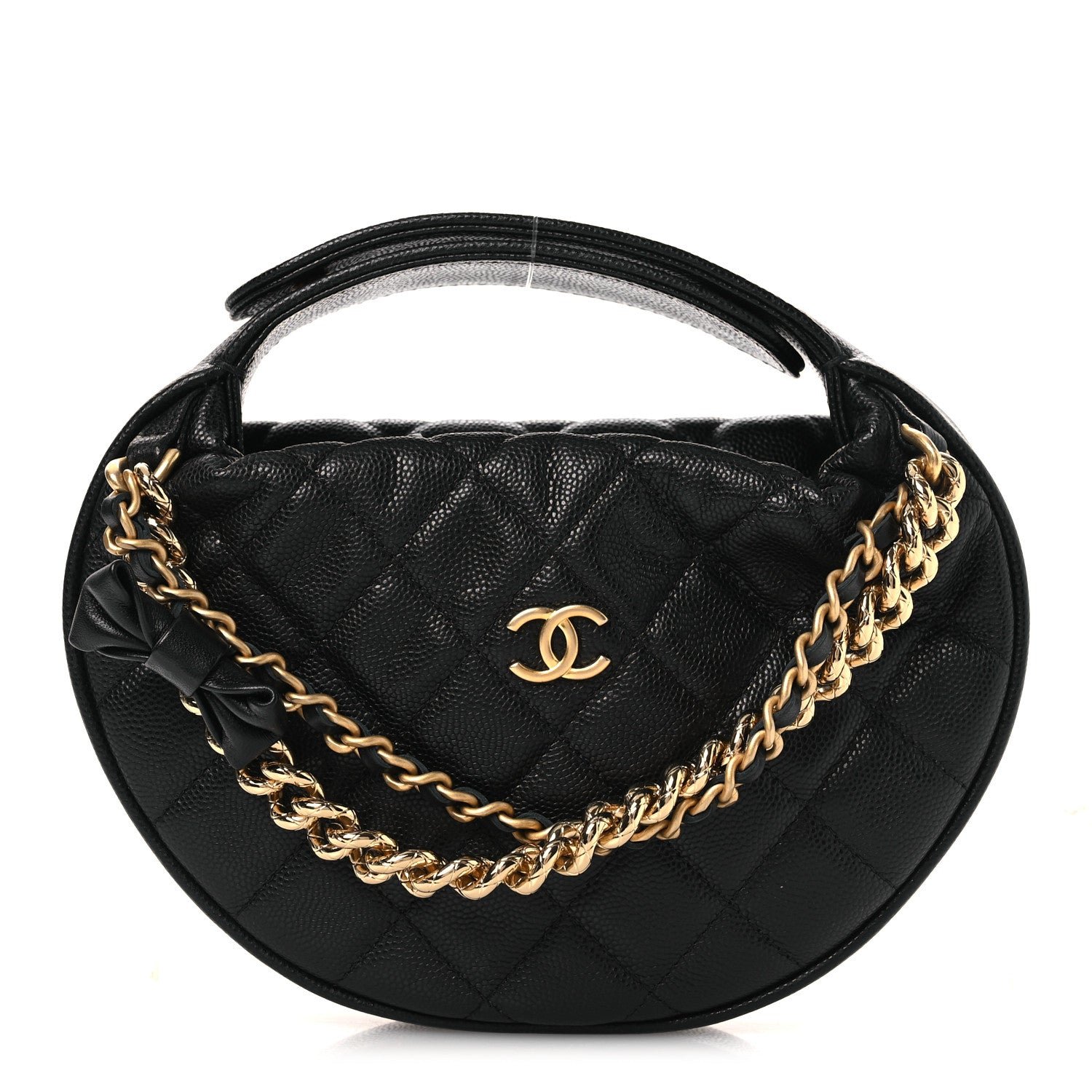 Chanel Shiny Caviar Quilted Bow Pouch Hobo Black