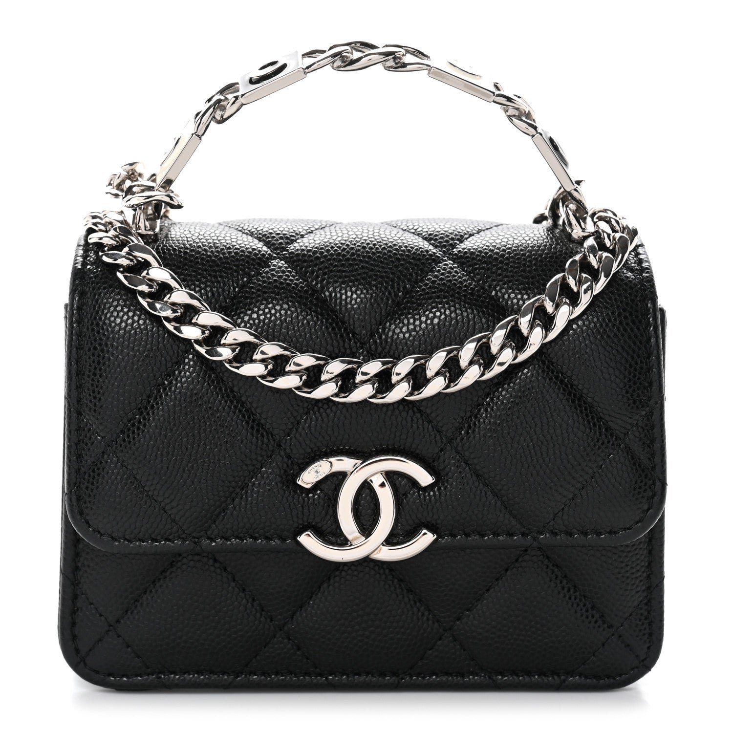 Chanel Caviar Quilted Enamel Top Handle Flap Clutch With Chain Black