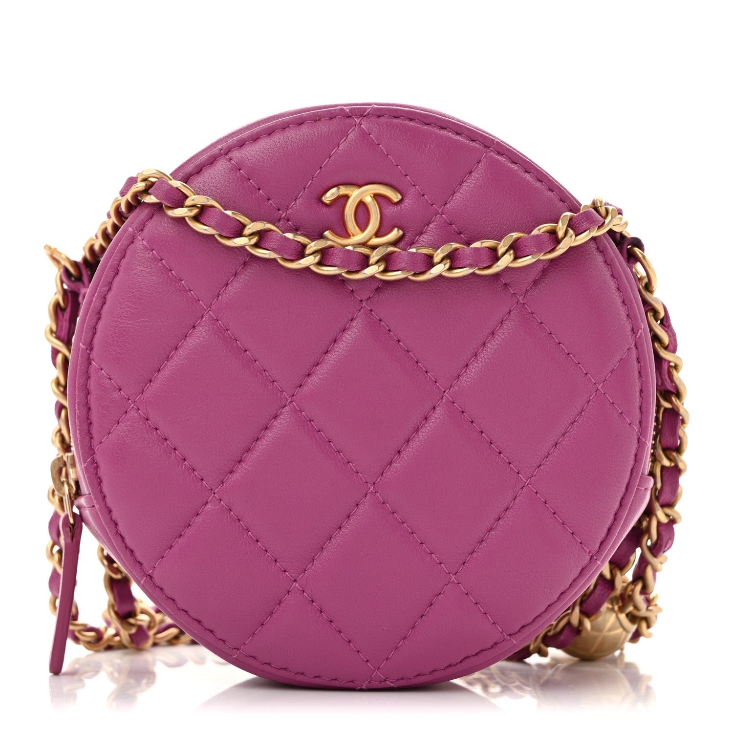 Chanel Lambskin Quilted Round Pearl Crush Clutch With Chain Purple