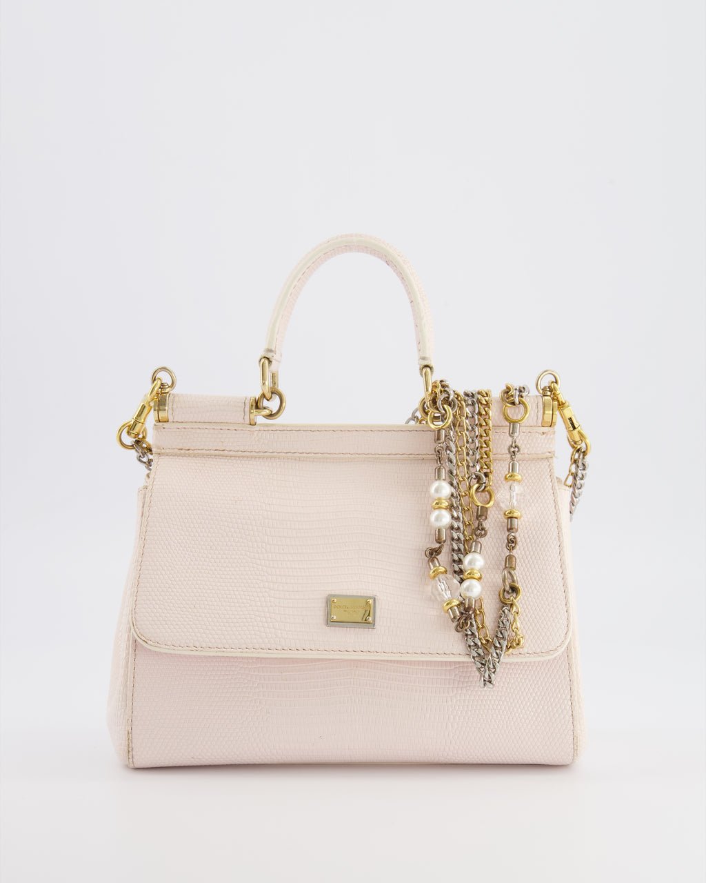 Dolce & Gabbana Dolce & Gabbana Light Pink Iguana Embossed Leather Small Sicily Bag with Mixed Hardware and Crystal Pearl Chain