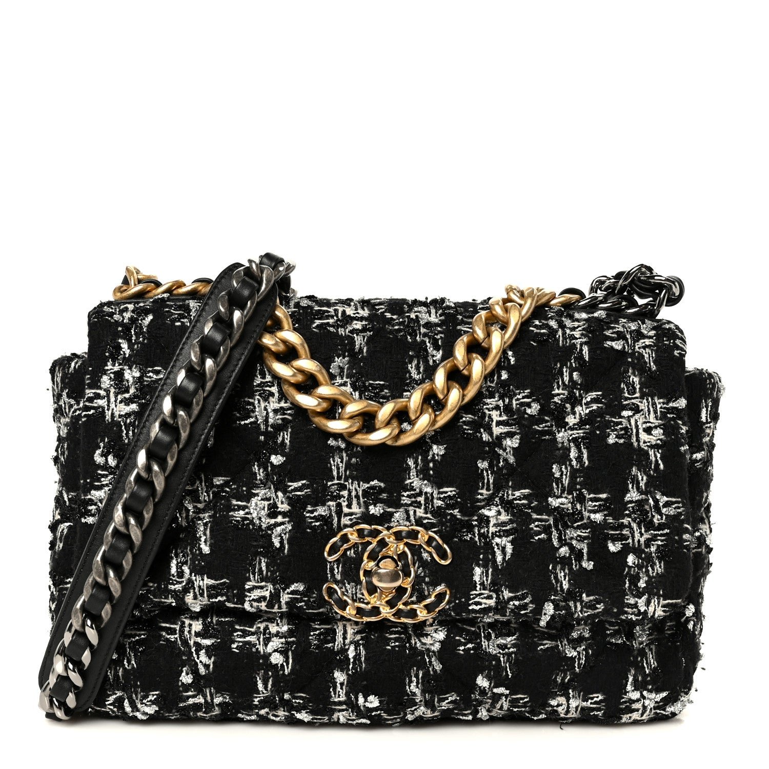 Chanel Tweed Quilted Medium Chanel 19 Flap Black Silver Ecru