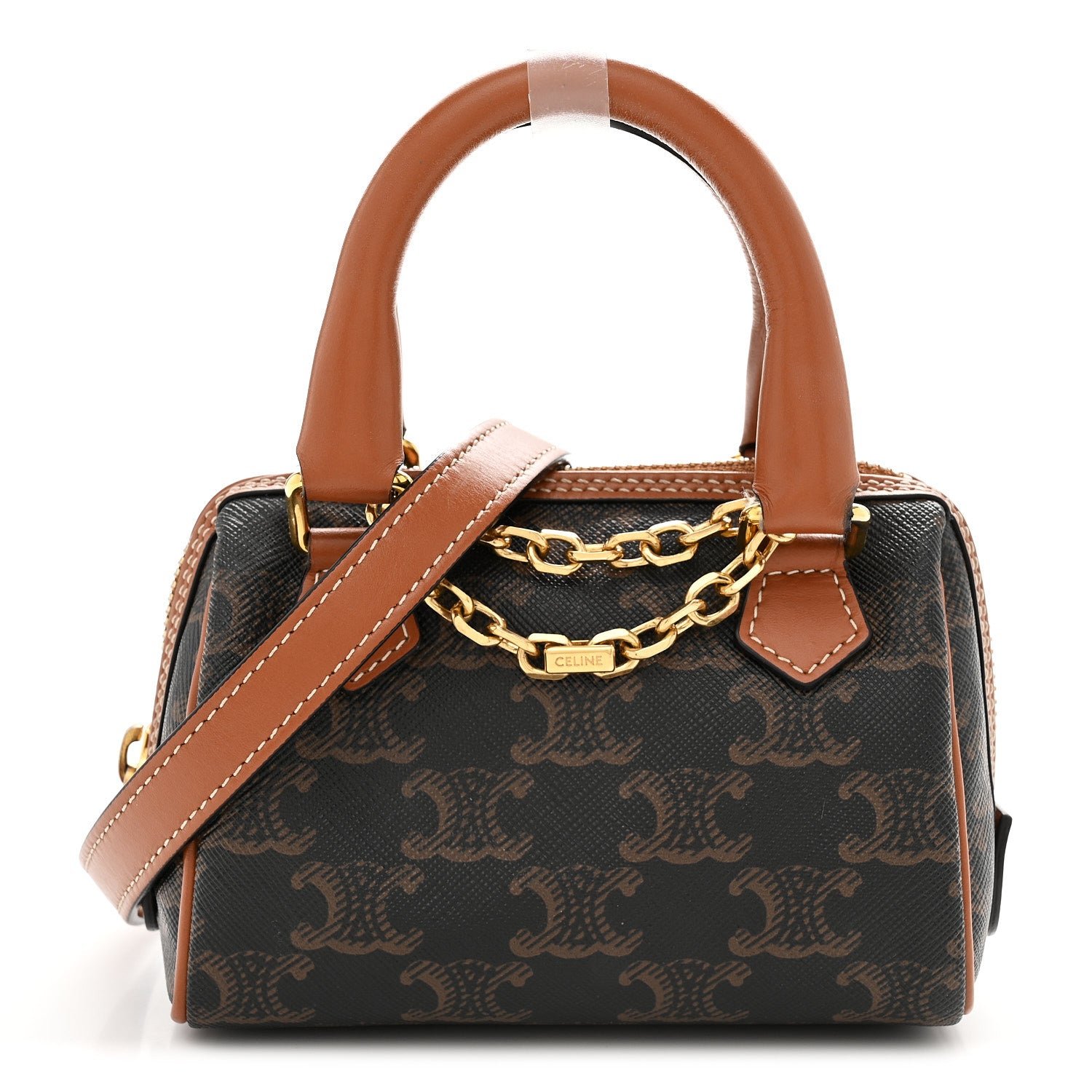 Celine Celine Triomphe Canvas Calfskin Mini Boston Bag Tan