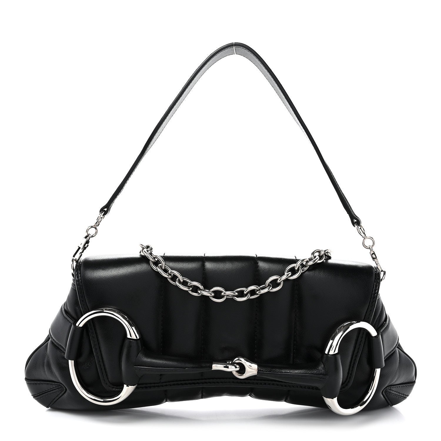 Gucci Nappa Vertical Matelasse Medium Maxi Horsebit Chain Shoulder Bag Black