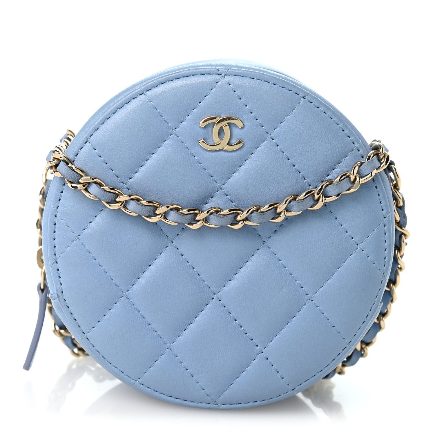 Chanel Lambskin Quilted Round Clutch With Chain Light Blue