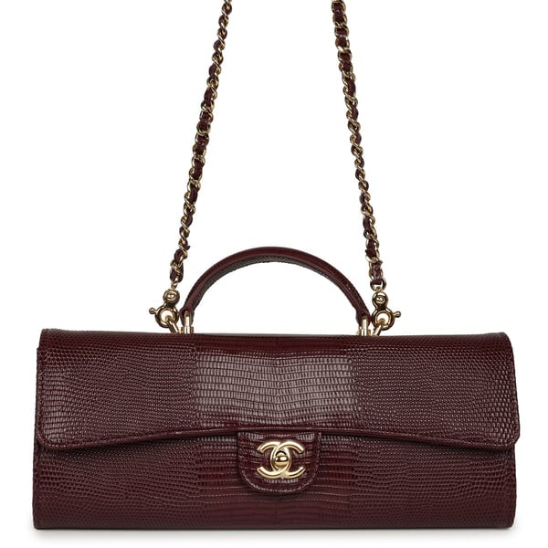 Chanel Long Top Handle Clutch with Chain Dark Burgundy Lizard Embossed Calfskin Gold Hardware