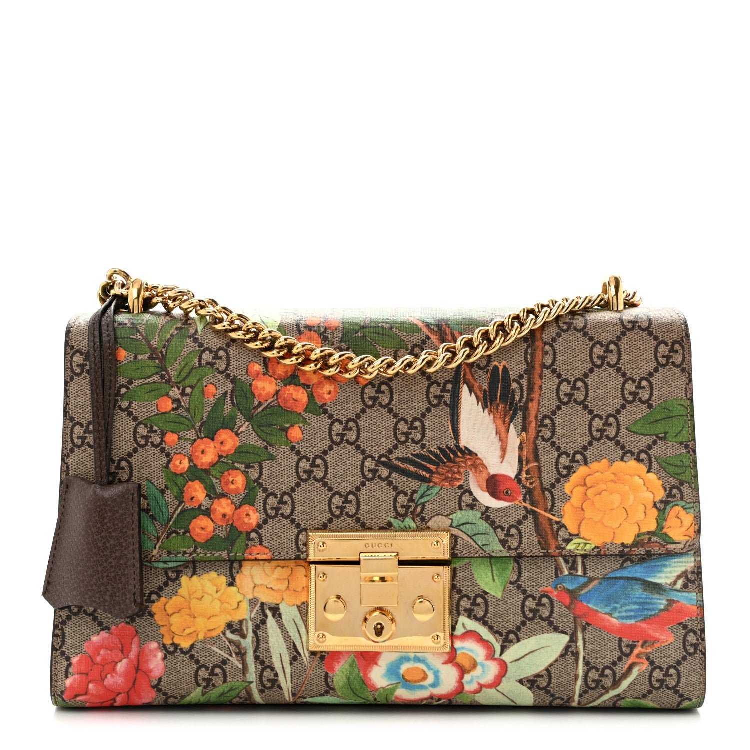 Gucci GG Supreme Monogram Tian Medium Padlock Shoulder Bag Beige Multicolor New Acero