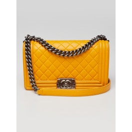 Chanel Yellow Quilted Lambskin Leather Medium Boy Bag