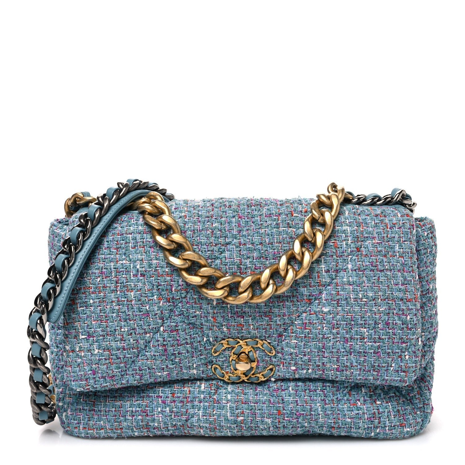 Chanel Tweed Quilted Large Chanel 19 Flap Blue Multicolor