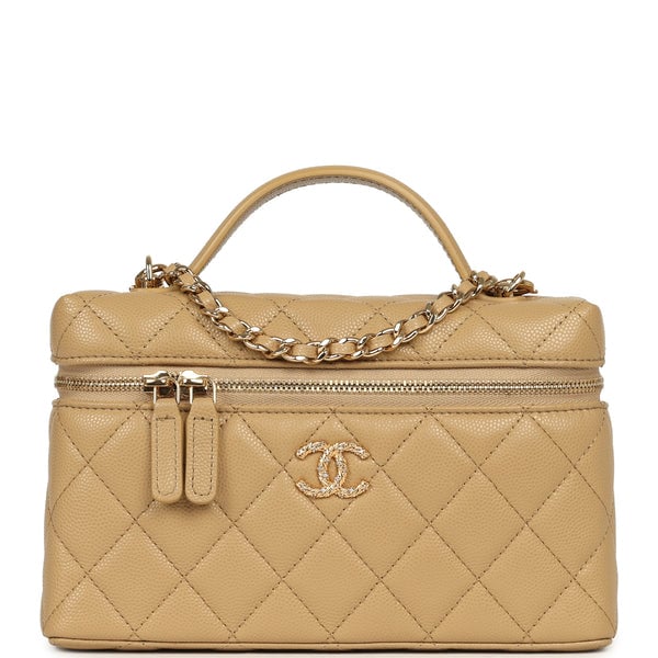 Chanel Top Handle Long Vanity Case with Chain Beige Shiny Caviar Gold Hardware
