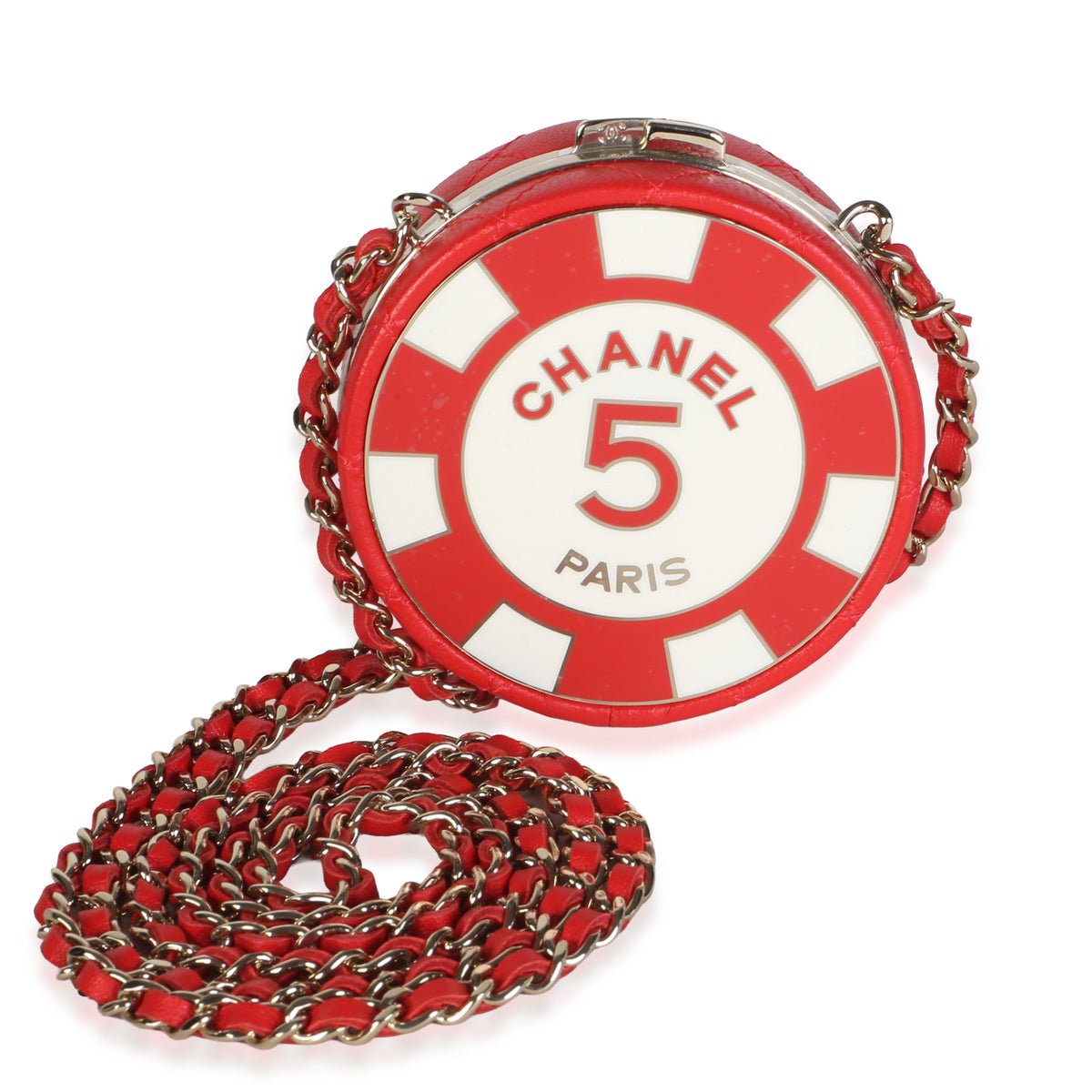Pink Quilted Lambskin Enamel Round Poker Chip Clutch With Chain