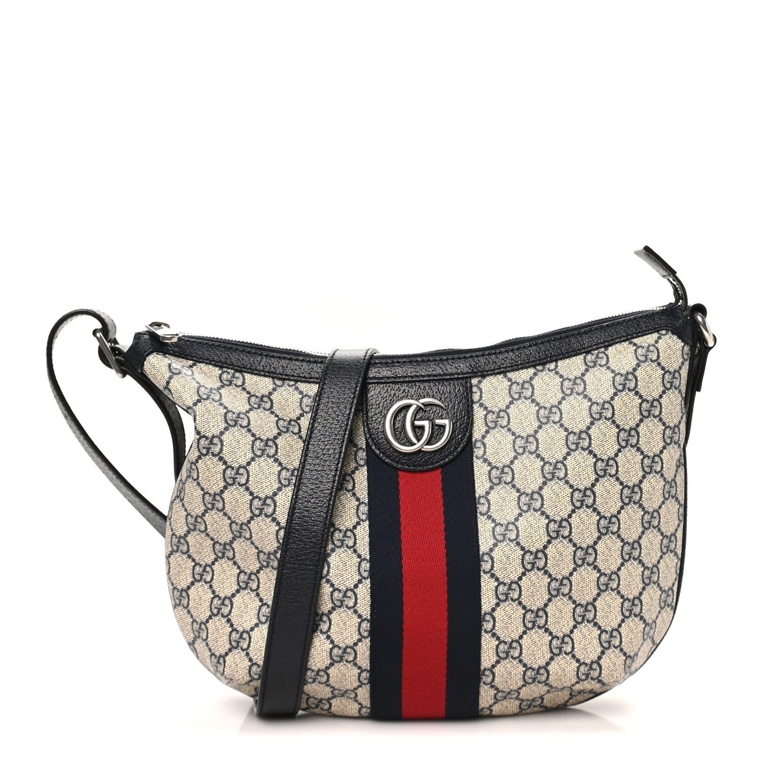 Gucci GG Supreme Monogram Textured Dollar Calfskin Web Small Ophidia Half Moon Hobo Beige Blue