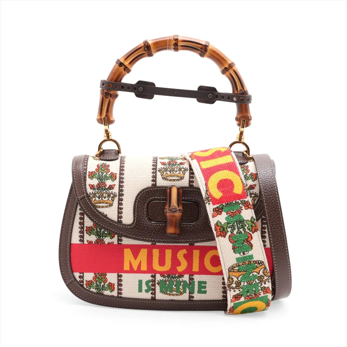 Gucci Bamboo 681173 Canvas & Leather 2 Way Handbag Beige×Brown Mirror Included