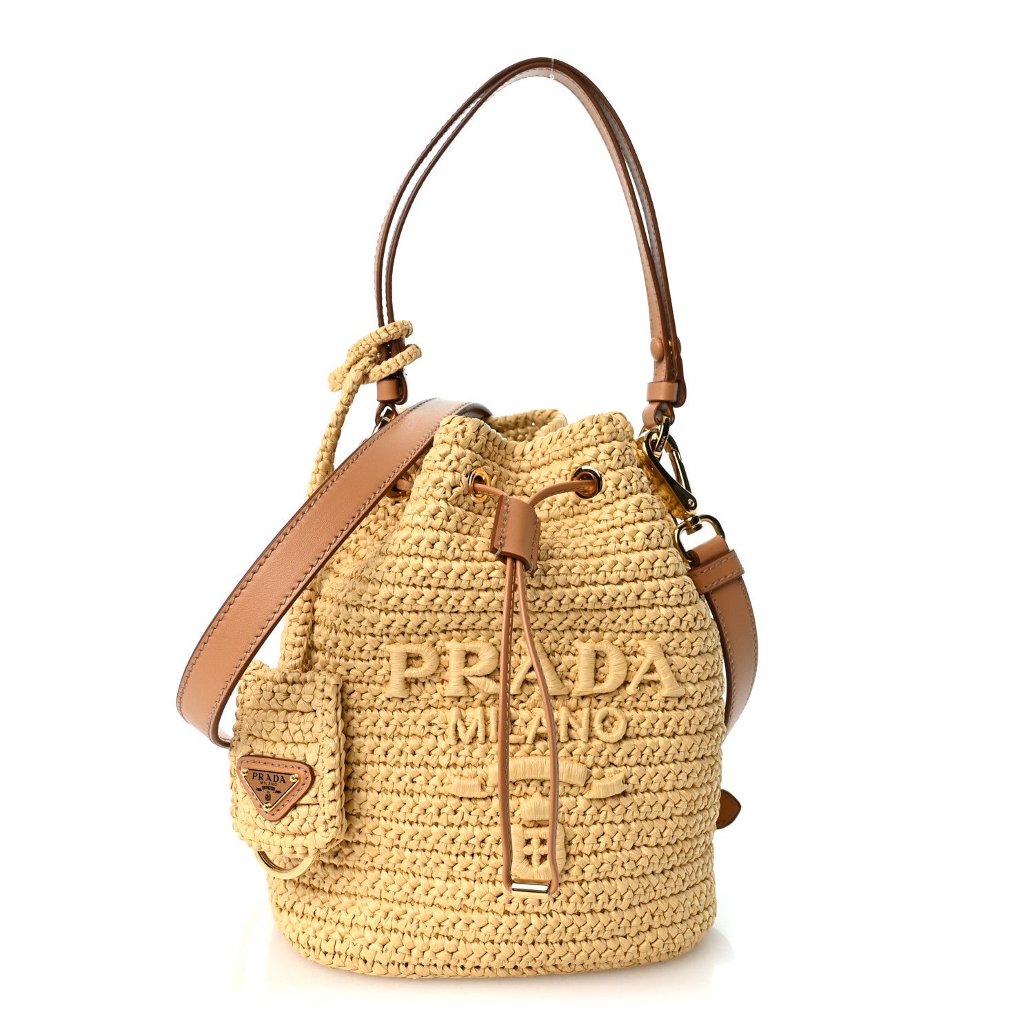 Prada Yarn Raffia Effect Crochet Small Bucket Bag Naturale