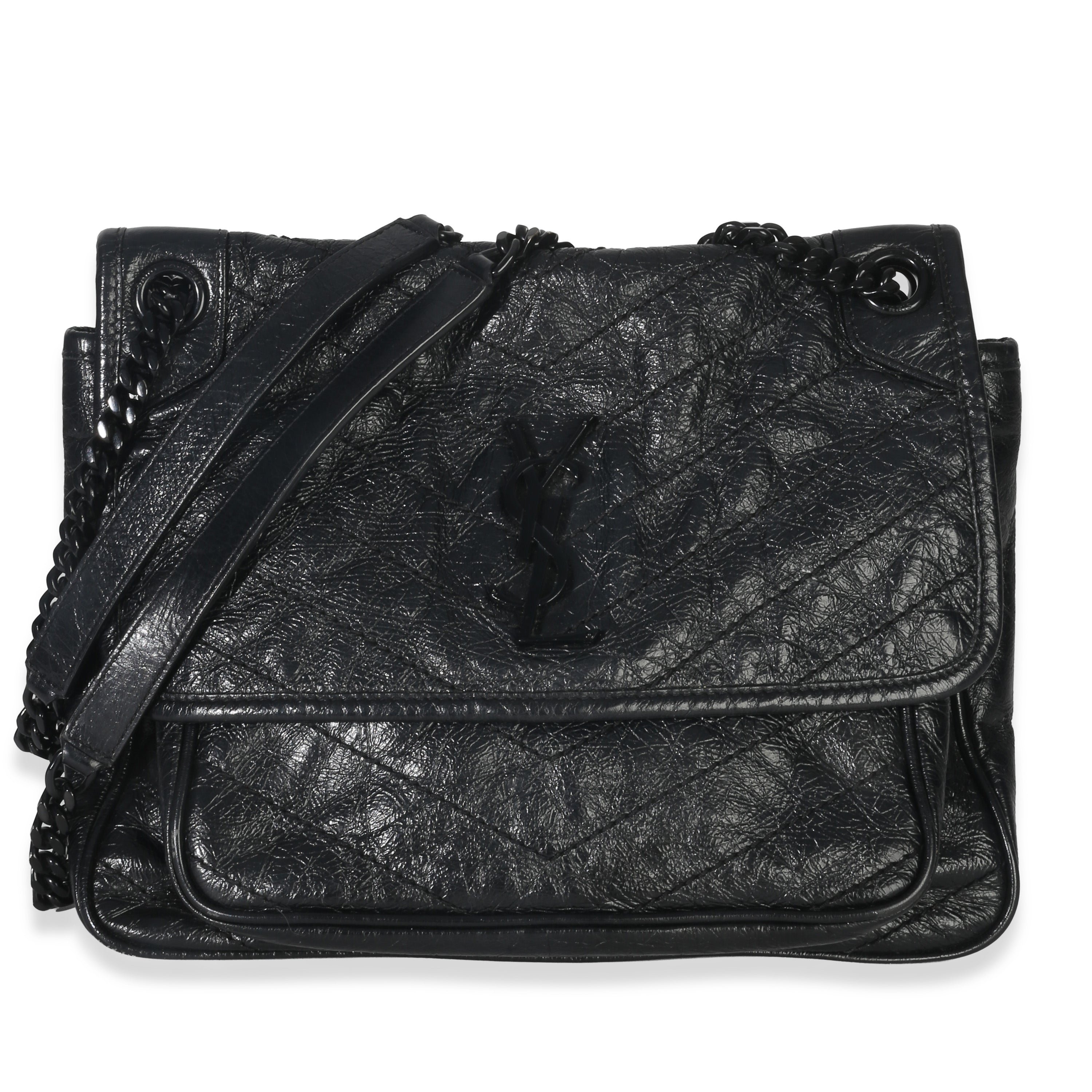 Black Crinkled Calfskin Matelasse Medium Niki Chain Satchel
