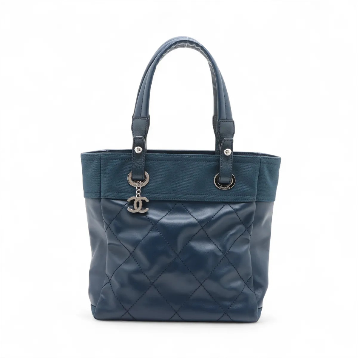 Chanel Paris Biarritz PM Coated canvas x leather Tote bag Blue Silver Metal Fitt