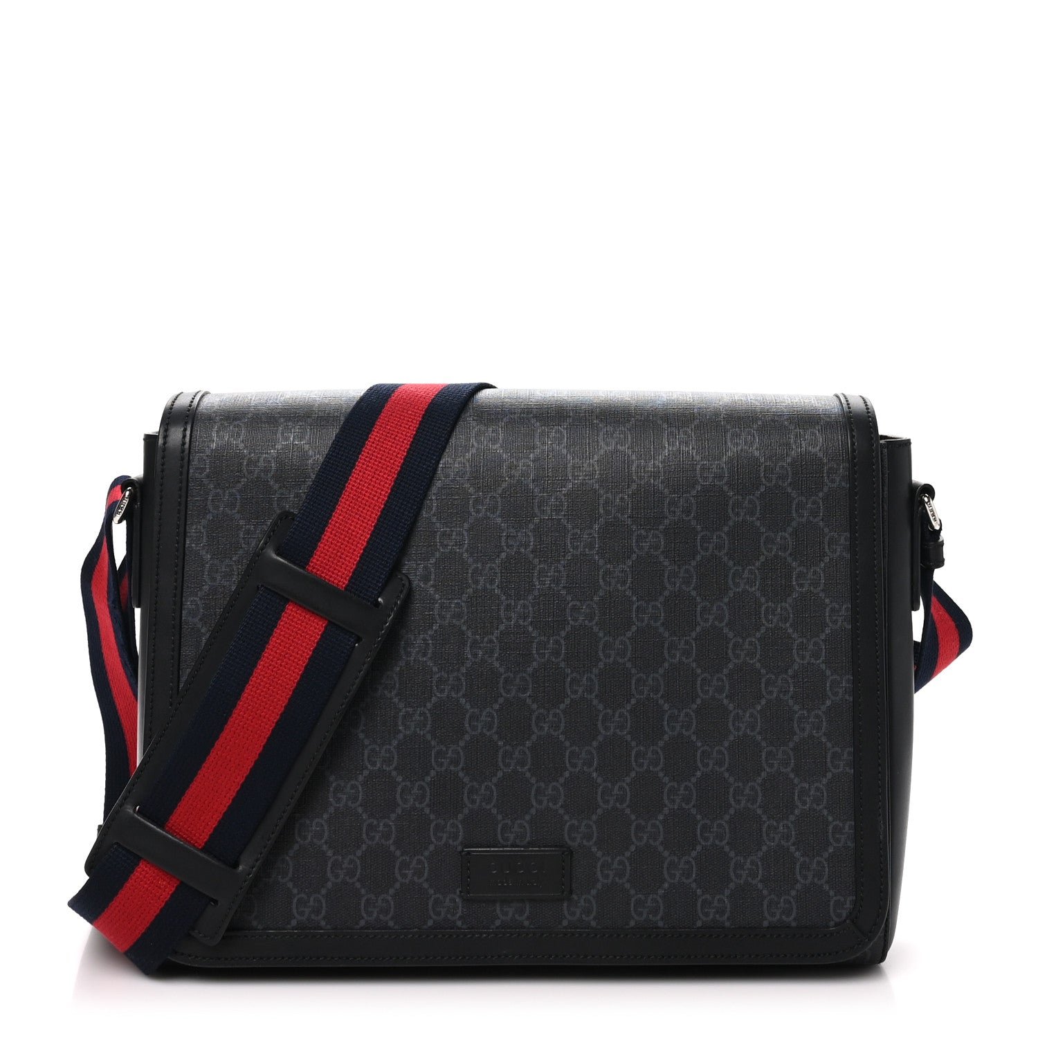 Gucci GG Supreme Monogram Web Flap Messenger Bag Black Grey