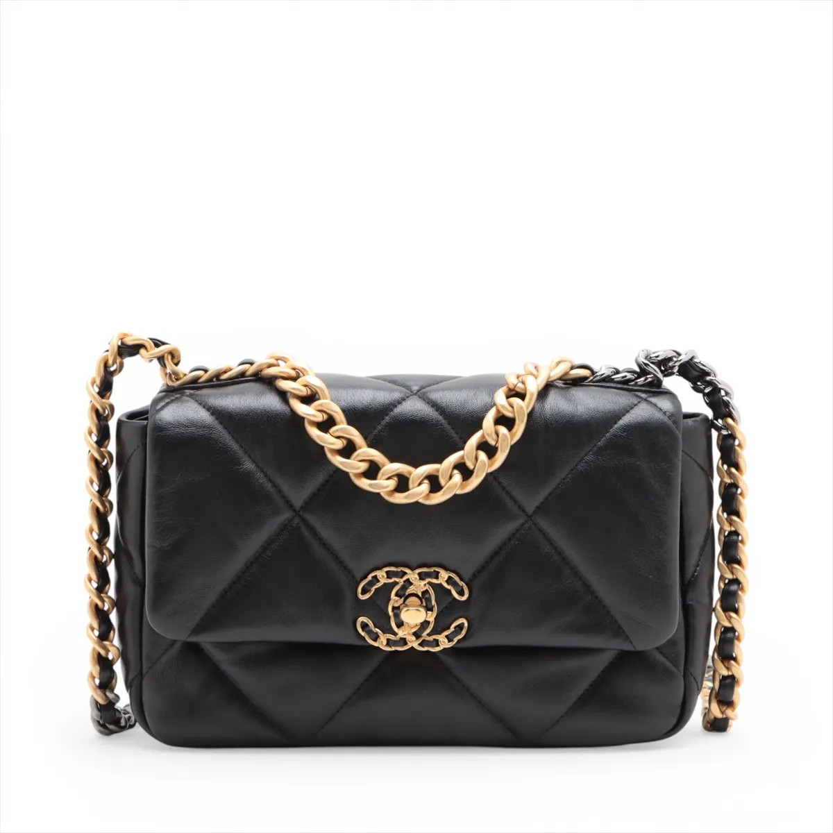 Chanel CHANEL 19 Lambskin Chain Shoulder Bag Black Gold x Silver Metal Fittings