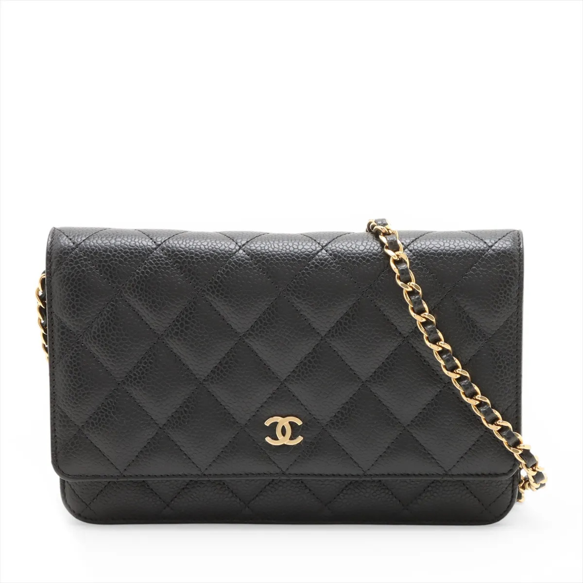 Chanel Matelasse Caviar Skin Chain Wallet Black Gold Metal Fittings random plate
