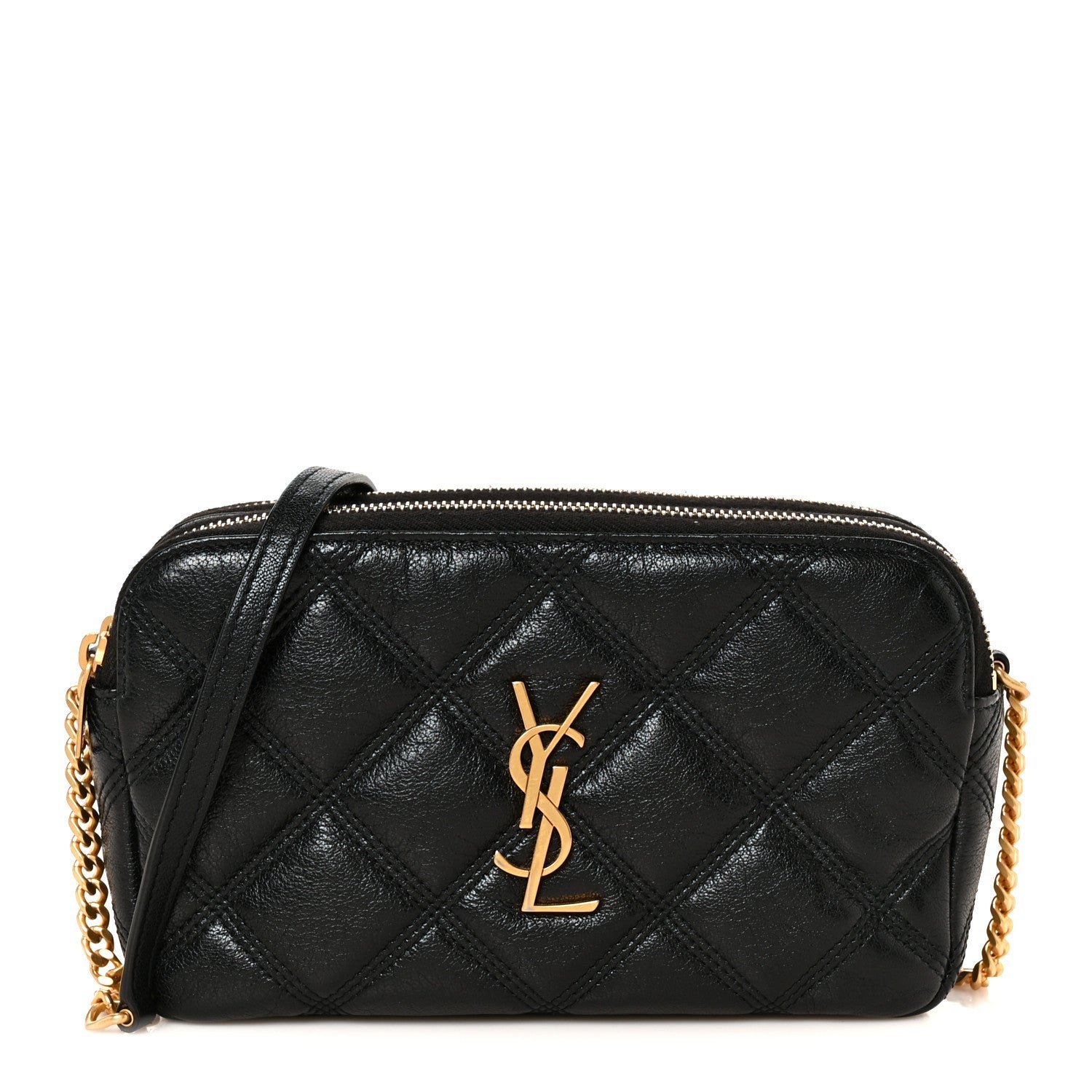 Saint Laurent Grained Lambskin Quilted Mini Becky Double Zip Bag Black