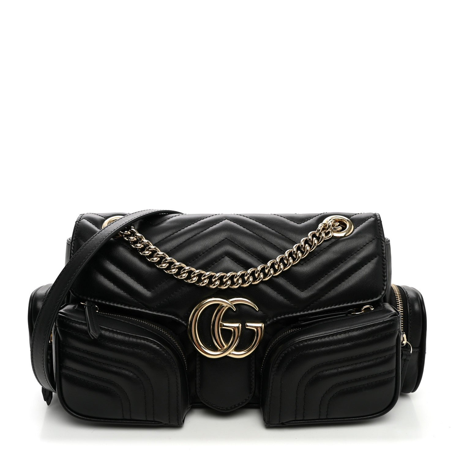 Gucci Calfskin Matelasse Small GG Marmont Multi Pocket Shoulder Bag Black