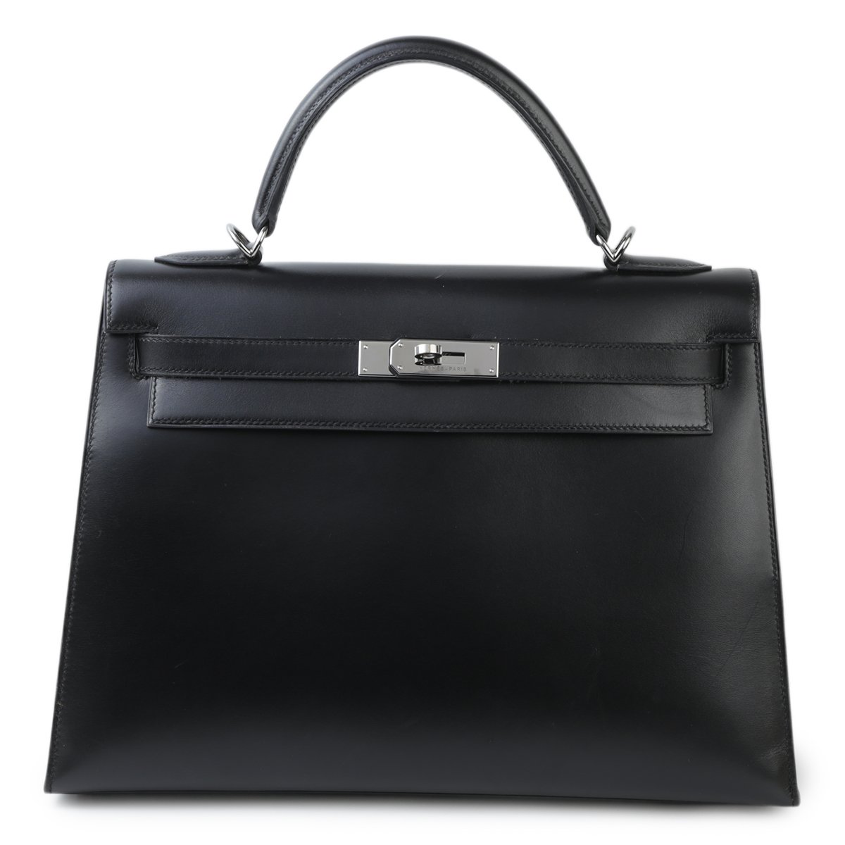 Good ( Rank AB) HERMÈS Kelly 32 Sellier Black (89) Box-calf Ruthenium hardware Square H (2004)