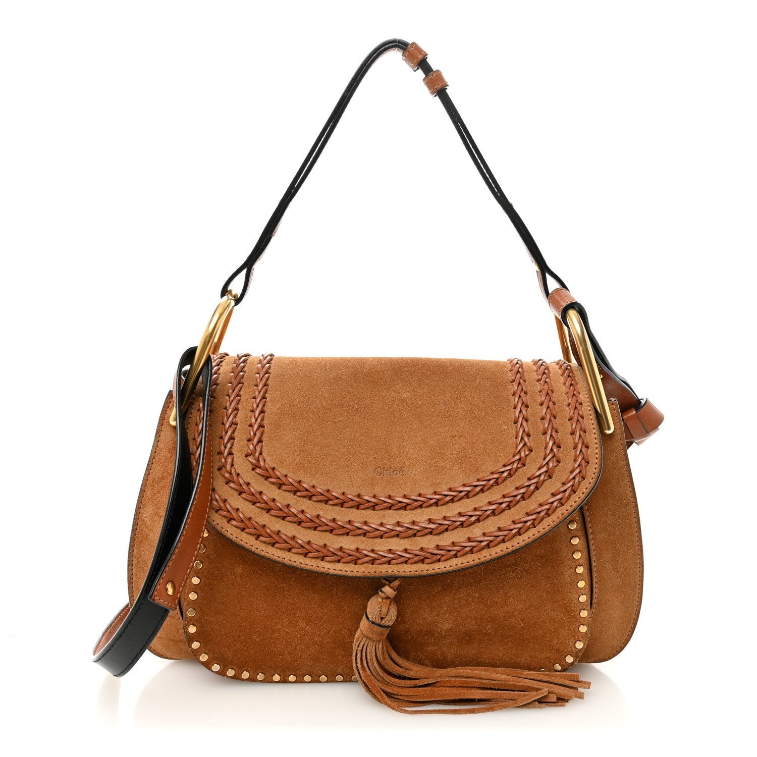 Chloe Suede Braided Medium Hudson Double Carry Shoulder Bag Caramel