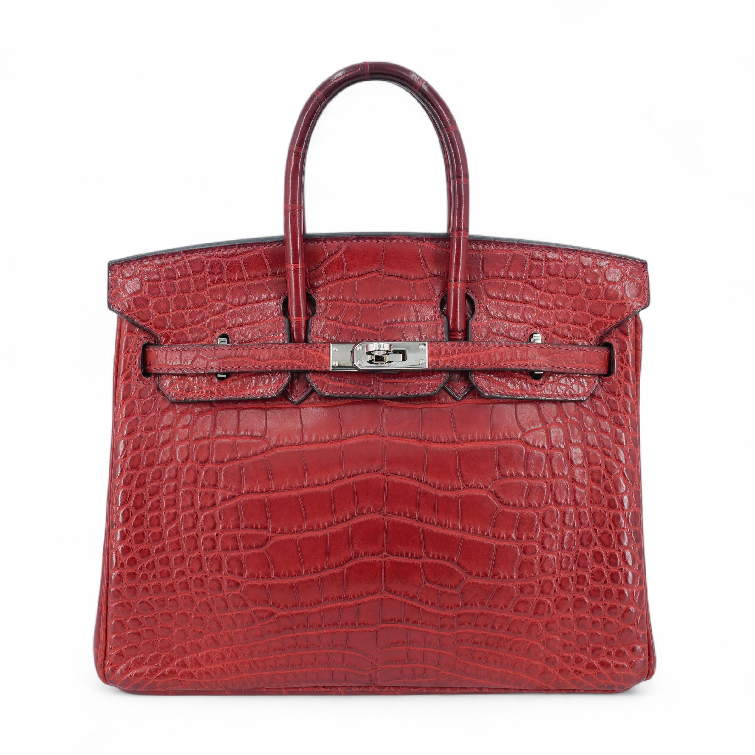Hermes Very Good ( Rank A) HERMÈS Birkin 25 Rouge H (55) Matte Alligator Palladium hardware Square O (2011)