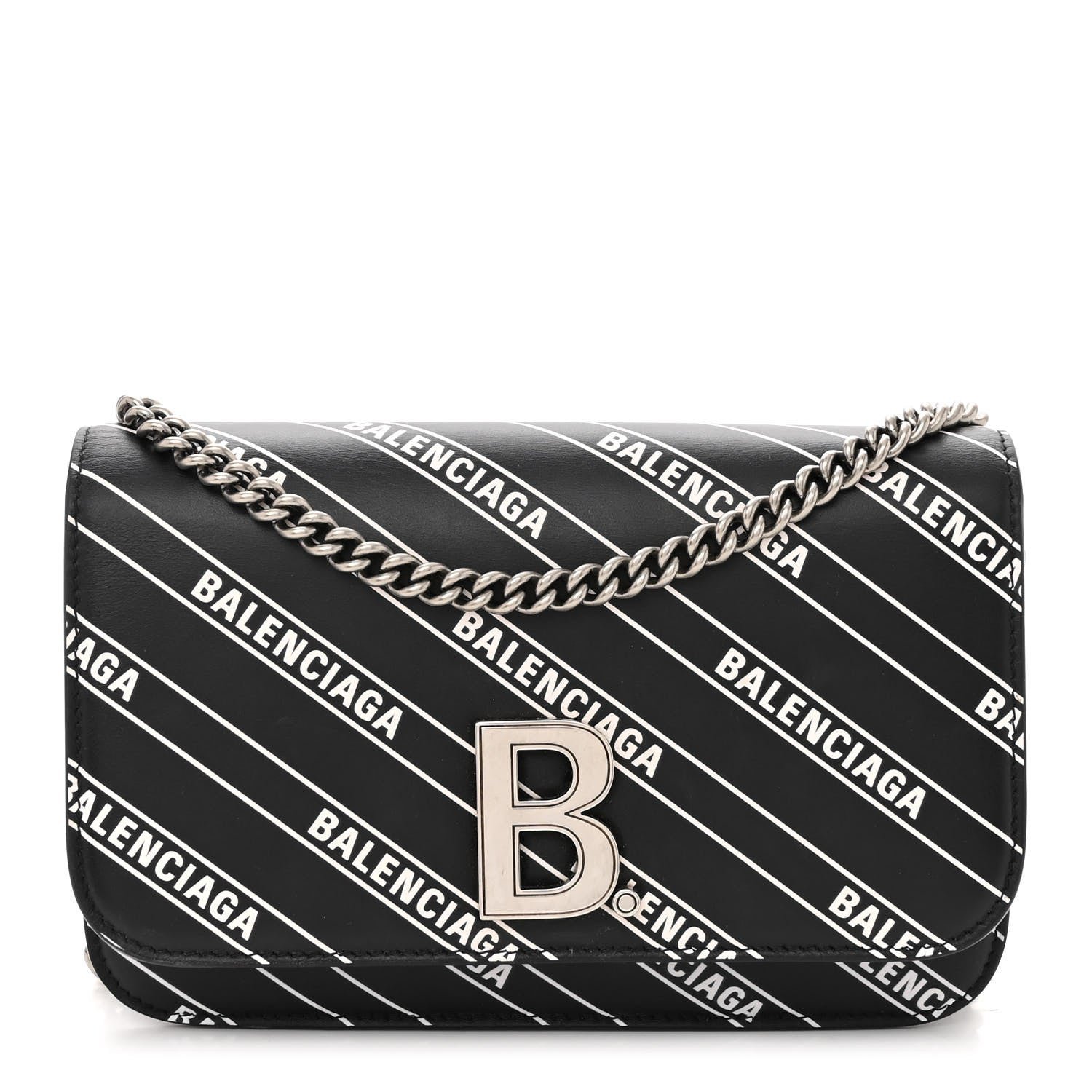 Balenciaga Matte Calfskin Diagonal Allover Logo Print B Wallet on Chain Black White
