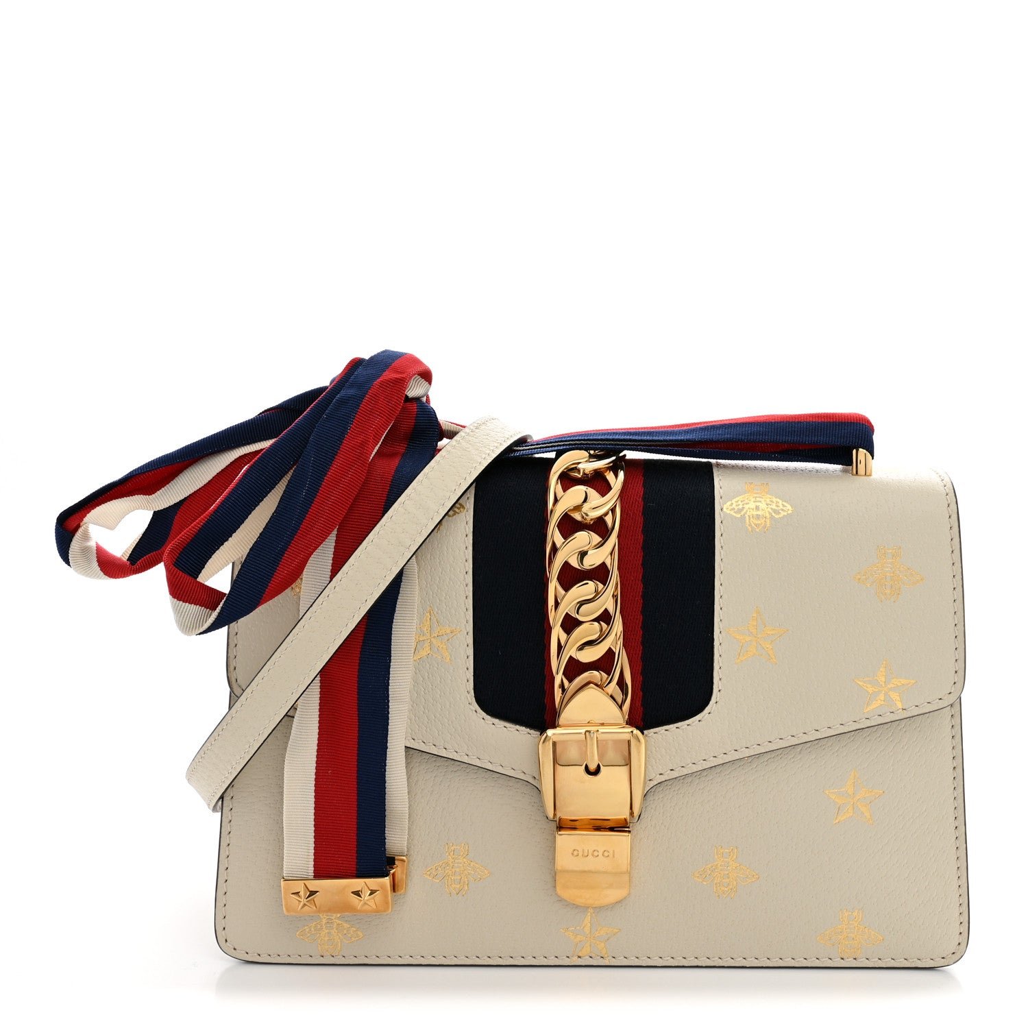Gucci Textured Calfskin Bee Star Print Small Sylvie Shoulder Bag Mystic White