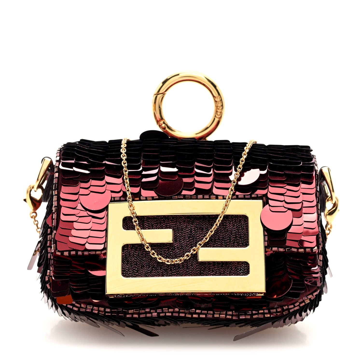Fendi Sequin Paillettes Shiny Nappa Sex and the City Nano Maxi Buckle Baguette Charm Granata