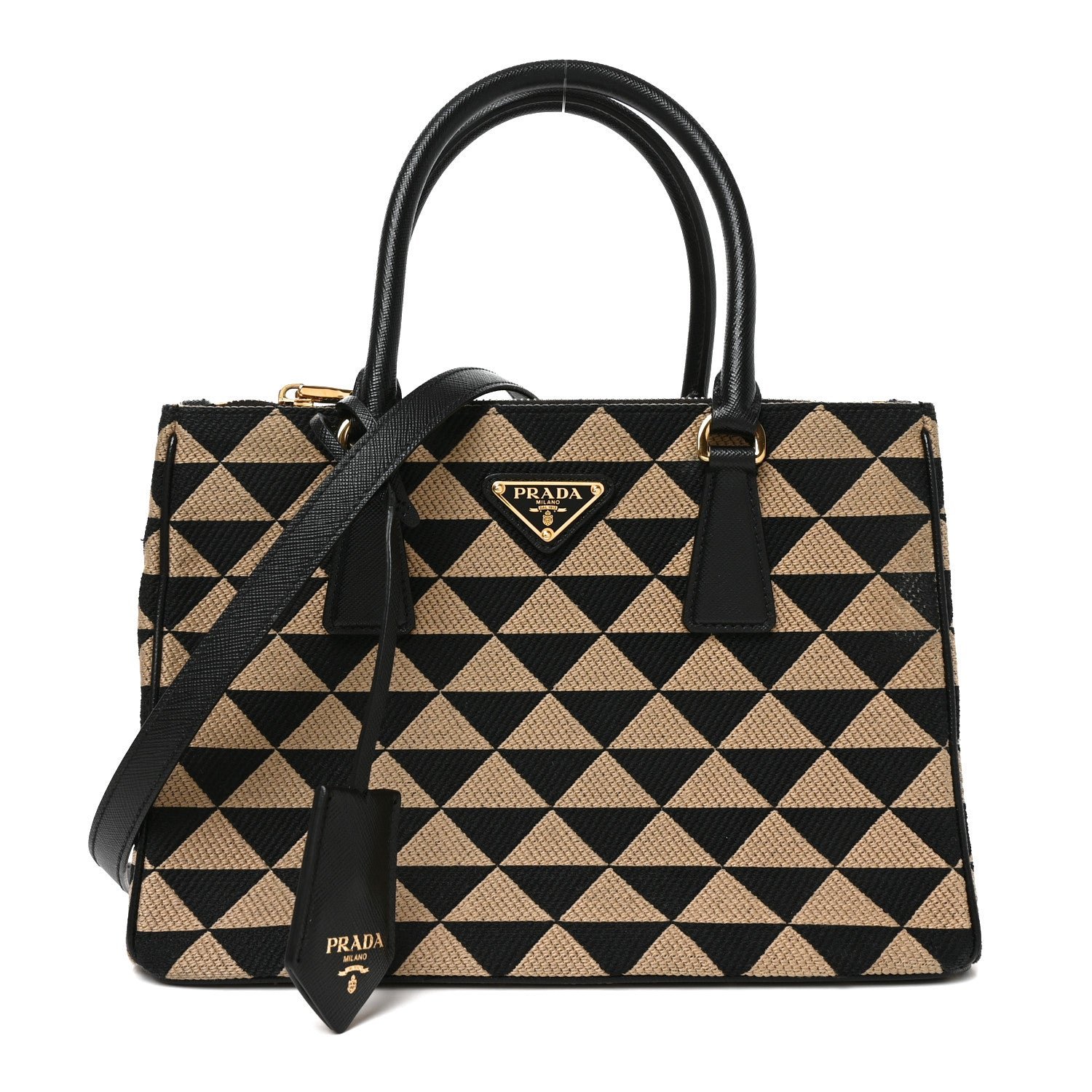 Prada Jacquard Saffiano Triangolo Symbole Embroidered Small Galleria Double Zip Tote Black Corda