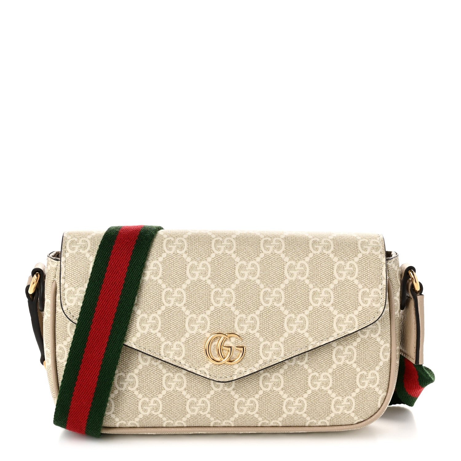 Gucci GG Supreme Monogram Textured Dollar Calfskin Web Mini Ophidia Envelope Shoulder Bag Beige Mystic White Oatmeal