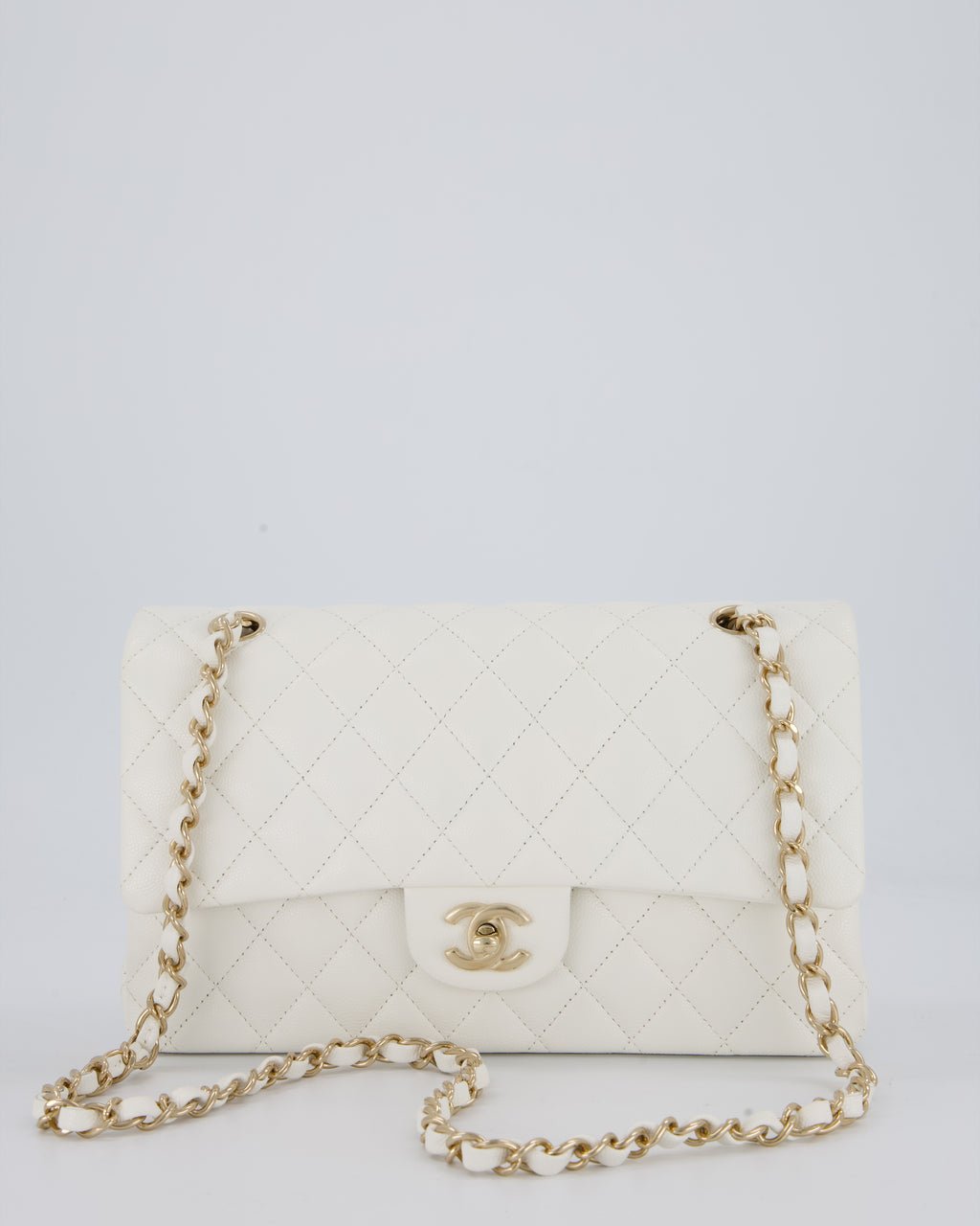 Chanel White Classic Medium Double Flap Bag in Caviar Leather with Champagne Gold Hardware